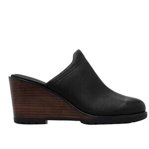 Sorel Women's 7.5 After Hours LEATHER Mules Wedge Platform Slip On Clogs Black